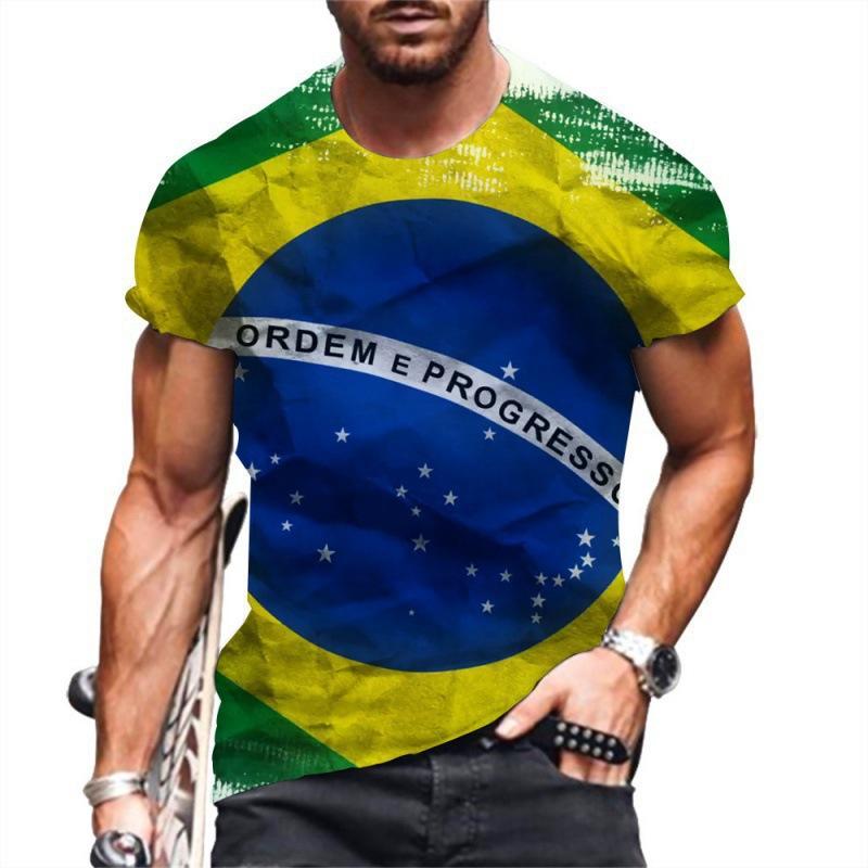 Summer Round Neck 3D Brazilian Flag Football Jersey Print Top Fashionable Casual Short Sleeved Men's T-shirts
