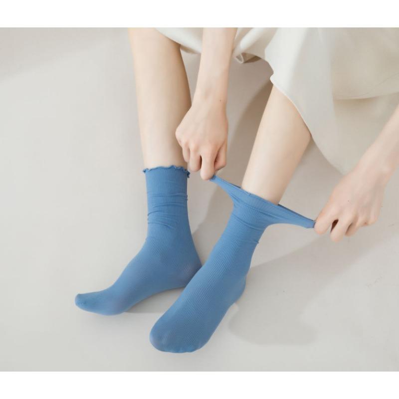 5 pairs of socks women's summer thin mid-calf black and white wooden ear edge solid colour ice ice socks velvet stacking socks