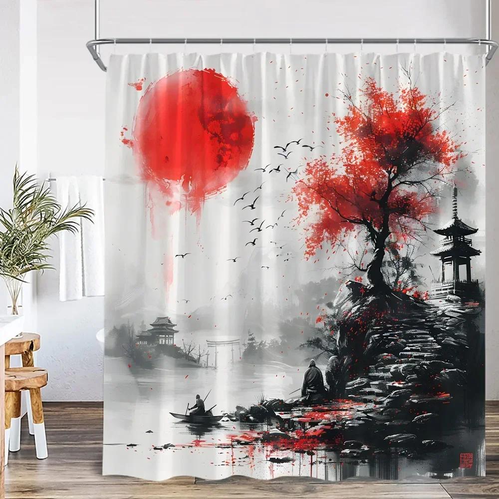 Samuraj Gejsza Styl Japoński Malarstwo Tuszem Zasłona Prysznicowa Japonia Świątynia Czerwone Słońce Góra Rzeka Różowy Kwiat Wiśni Zasłona Kąpielowa