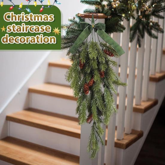 Christmas Teardrop Swag Artificial Norfolk Pine Branch Door Swag with Faux Pine Cones And Bow for Indoor Outdoor Mantel Fireplace Stairway Decor