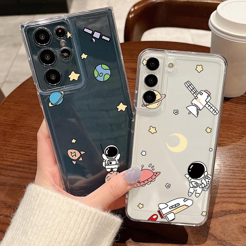 Cartoon Astronaut Pattern Phone Case For Samsung Galaxy S26 S25 S24 S23 Ultra S22 S26 Plus S24 S21 FE S25 Edge Clear Soft Cover