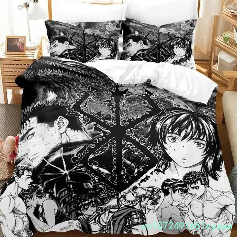 Set Biancheria da Letto Anime Berserk Stampato 3D per Camera da Letto Morbido Moderno Copriletto Confortevole Copripiumino per Bambini Coperta e Federa