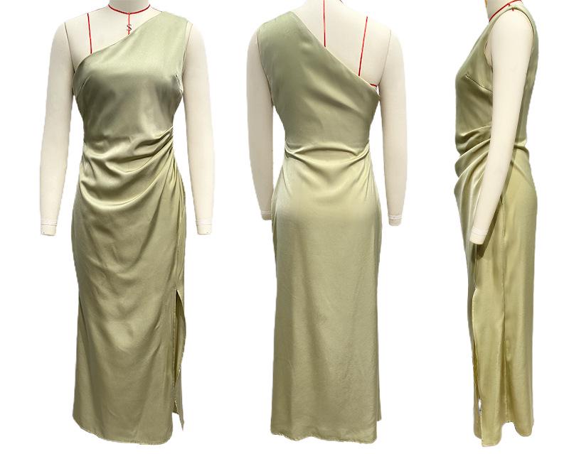 Spring/Summer 2024 European & American Slim One-Shoulder Satin Dress with Slit – Sexy & Chic Socialite Style for Women