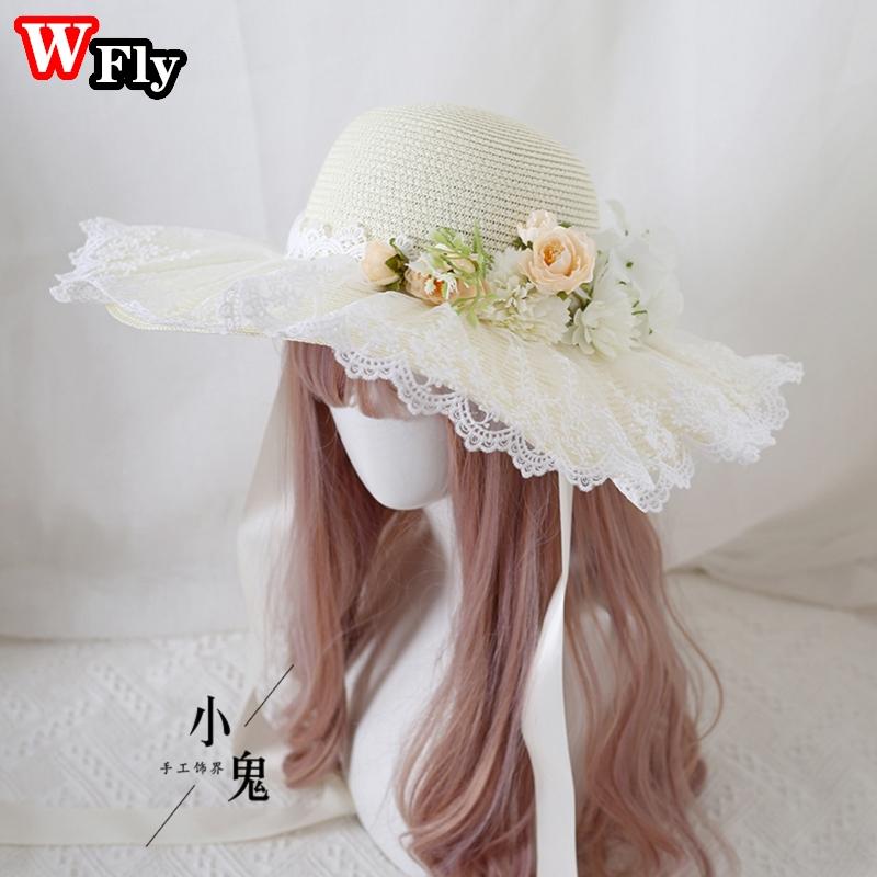 Harajuku Women Girls Summer Wide eaves Straw Hats Beach Sun Hat Sweet Lolita Lace Flower Straw Hat ladies sunhat Handmade