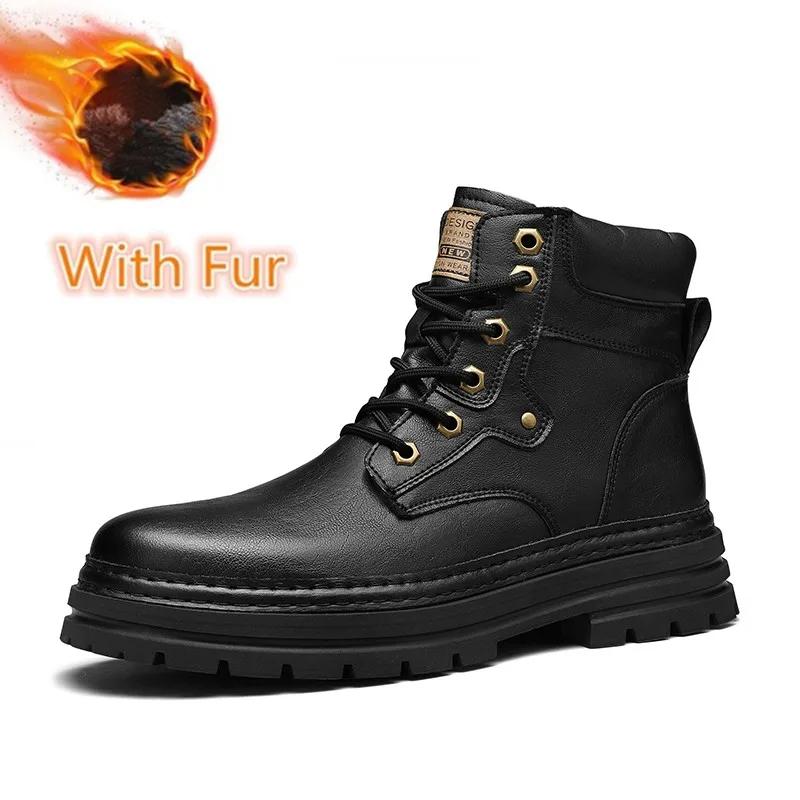 Módní zimní základní boty Pánské šněrovací retro hnědé kotníkové boty z kůže, outdoorové sportovní kovbojské boty s fleecovou podšívkou, sněhové boty