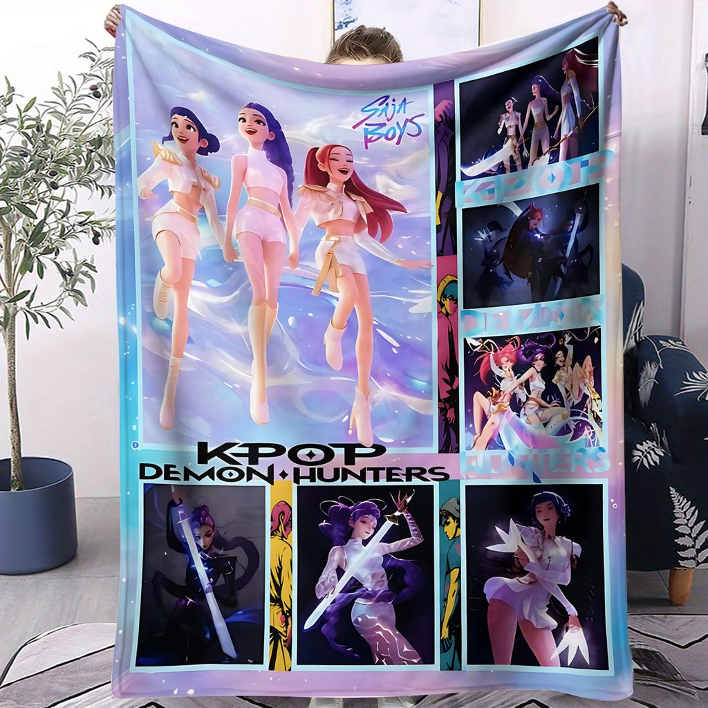 1PCS Flannel Blanket K Pop Demon Hunter Girls Boys Plush Throw Blanket Novelty Warm for Home Office Nap Camping All Season Gift