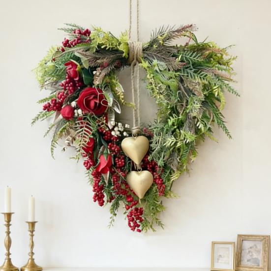 Valentine's Day Farmhouse Heart Wreath for Front Door Rustic Faux Greenery Wreath with Red Roses Berries Vintage Heart Bell for Window Porch Indoor