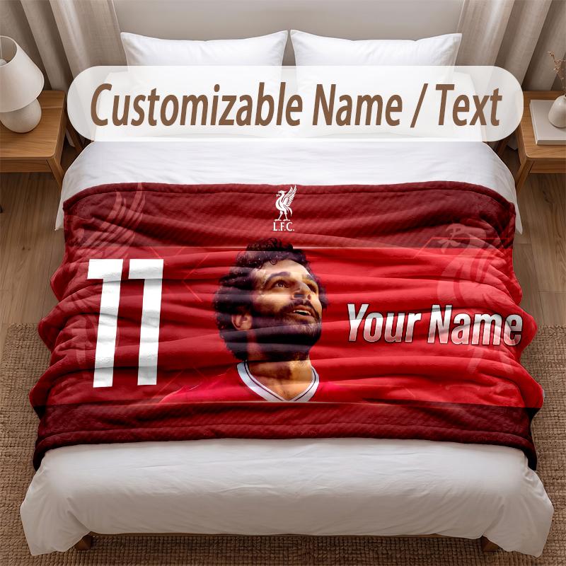 Mohamed Salah Bedruckte Flanelldecke Benutzerdefinierter Name Text Weiche Warme Decke für Schlafzimmer Feiertagsgeschenk