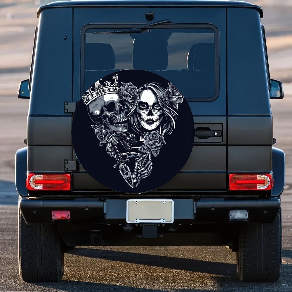 Crown Skull And Rose Pattern 30/34 Inch Multi-Functional Spare Tire Cover, Suitable For Jeeps, Trailers, RVs, Off-Road Vehicles,
