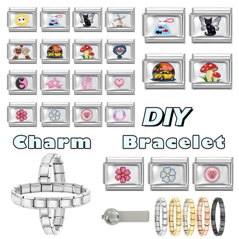 Wholesale Women's Creative Sunflower Mushroom Cat Butterfly Star Dog Charm Fit 9mm Stainless Steel Bracelet DIY Jewelry Gifts