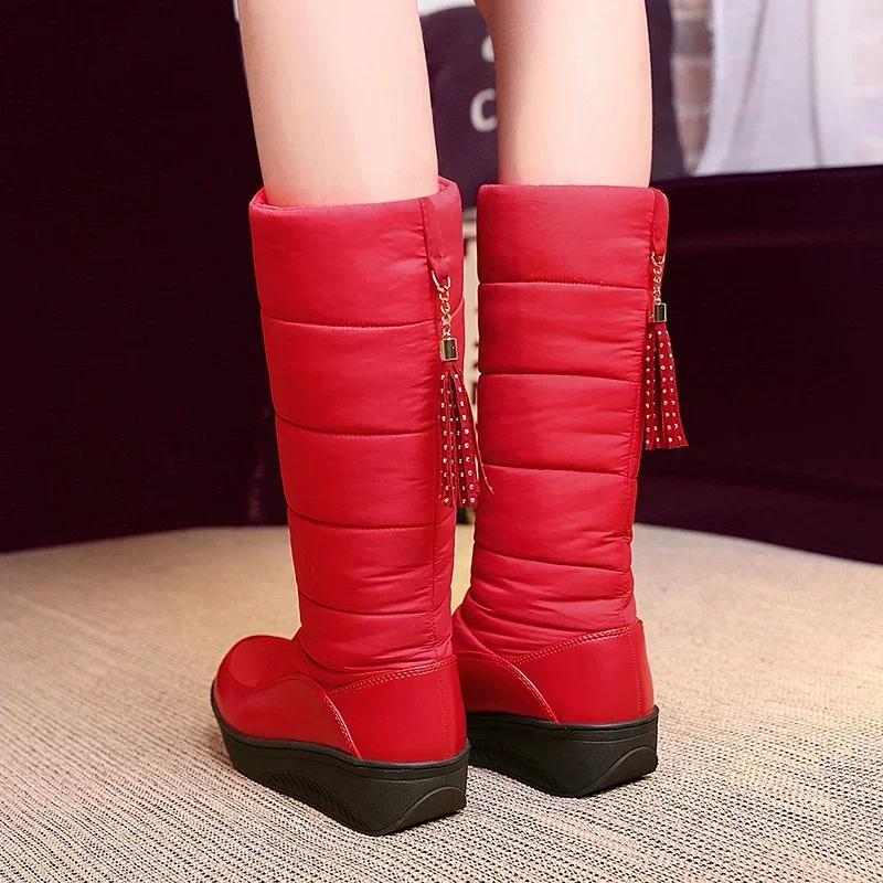 Winter Women Mid-calf Boots Warm Plush Waterproof Down Wedge Platform Snow Boots Round Toe Thick Heels Patent Leather Lady Boots