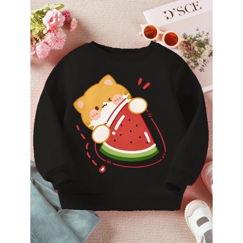 Cotton Kids Sweatshirt Loose-Fit Crew Neck Sweatshirt with Orange Cat & Watermelon Print , Spring/Autumn Casual Attire, Machine Washable