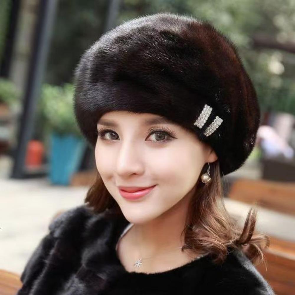 Mink Hat Women's Winter Warm Ear Protection Bag Head Middle-aged and Elderly Mother Model Beret Octagonal Snow Hat Imitation Fur