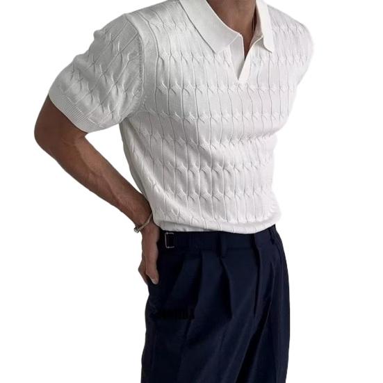

Мужской летний топ с отложным воротником и V-образным вырезом, жаккардовая вязаная сплошная цветная рубашка с короткими рукавами, свободная эластичная формальная деловая рубашка средней длины, мужская повседневная рубашка 3XL белый