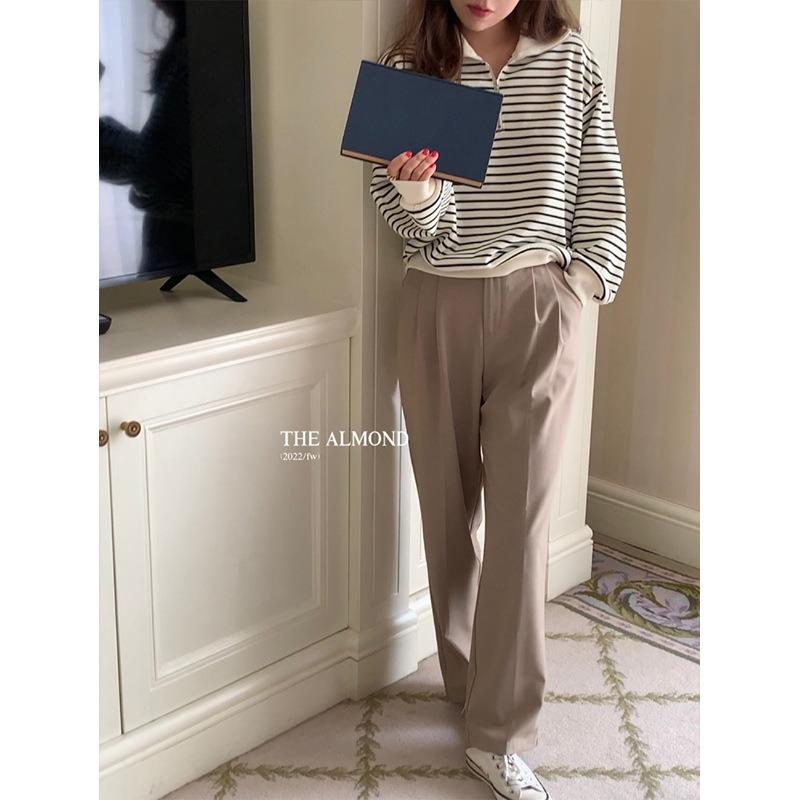 Contrasting striped sweater women's spring loose long-sleeved bottoming shirt large size zipper lo lapel top