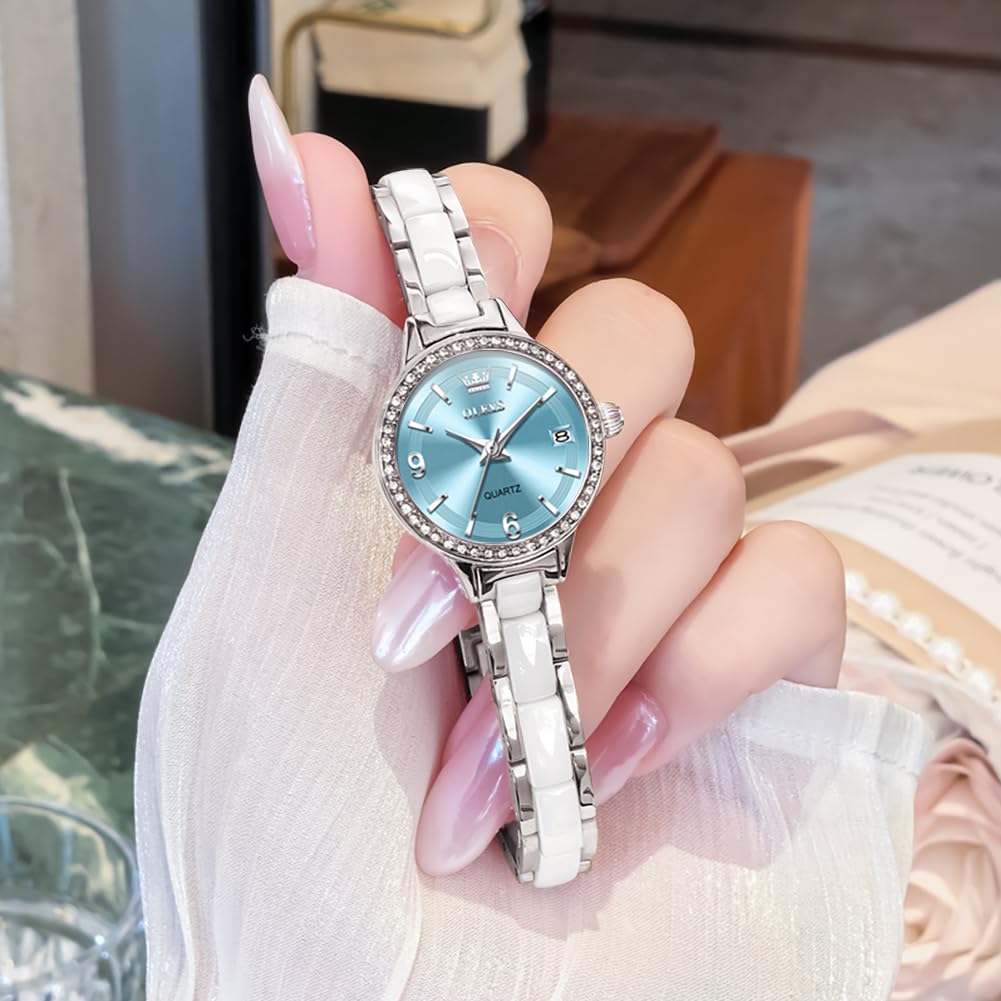 OLEVS Waterproof Quartz Popular Perfect Gift for Stylish Business Watch with Date Slim Silver Stainless Steel Turquoise Blue Dial Women's Watch, Blue,