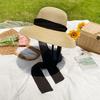 Elegant Long Black Ribbon Straw Hats For Women Foldable Wide Brim Panama Beach Hat Female Fashion Holiday Photo Props Sun Caps