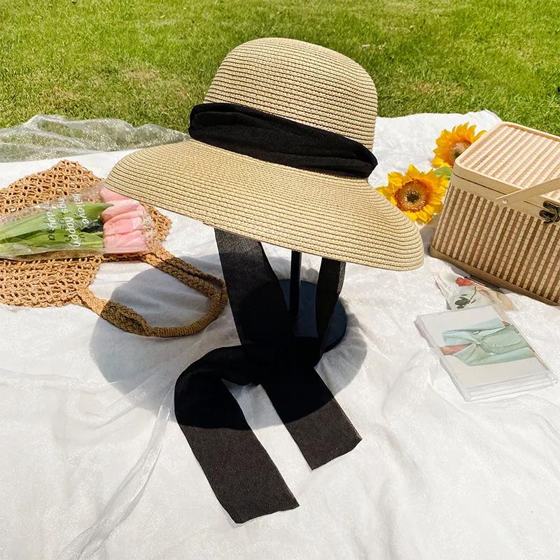 Elegant Long Black Ribbon Straw Hats For Women Foldable Wide Brim Panama Beach Hat Female Fashion Holiday Photo Props Sun Caps