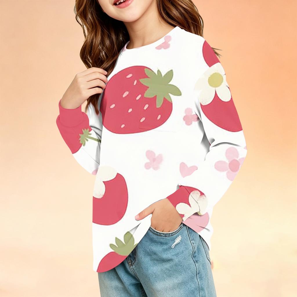 Kids Long Sleeve Printed Round Neck T-Shirt with Pocket Casual Top