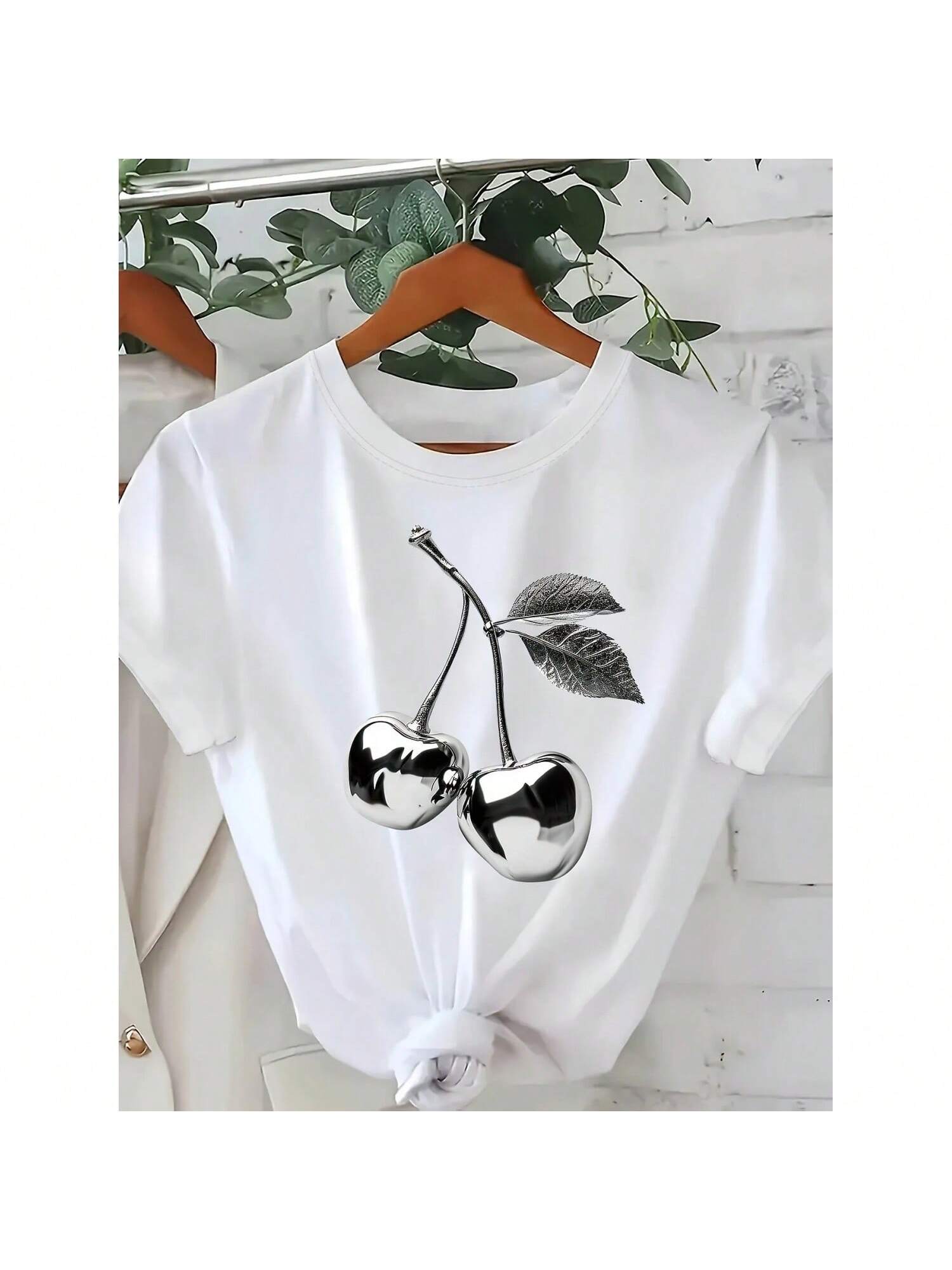 Sleeve T-Shirt - Casual Spring Top With Cartoon Design Casual Wear Modern Silver Cherry Print Wounisex S Round Neck S разноцветный