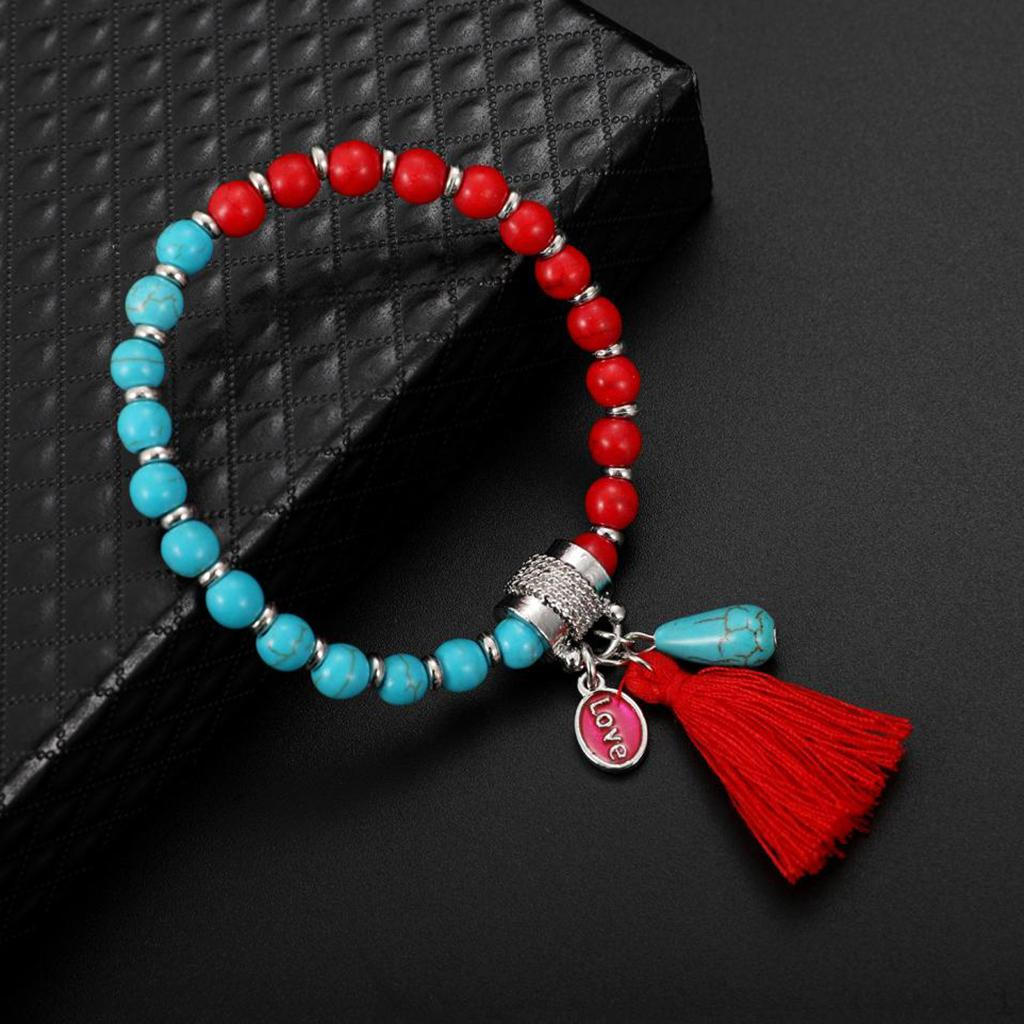 

5 Women Girl Tassel Pendant Bead Chain Bangle Bracelet Jewelry Red+Blue