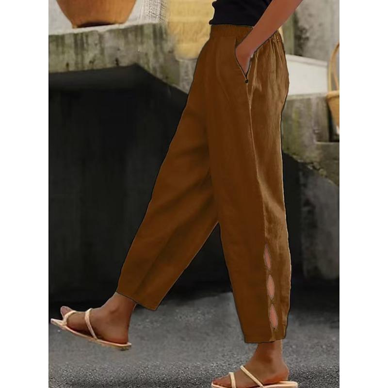 Fashion Casual Loose Hollow Out Women's Pants Cotton and Linen Loose Elegant New Solid Color Spring Autumn Short Trousers Office Basic Ladies Clothing
