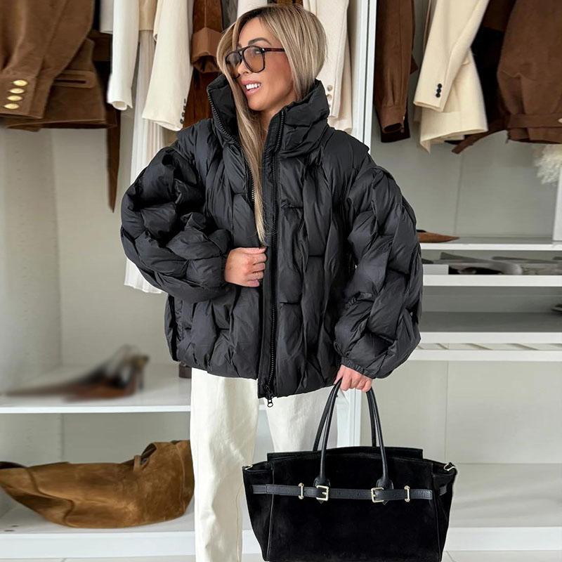 Stand-up Collar Zipper Rhombic Cotton-padded Jacket Women's Solid Color Winter Padded Jacket To Keep Warm Short Tops Colors To Choose From Jackets