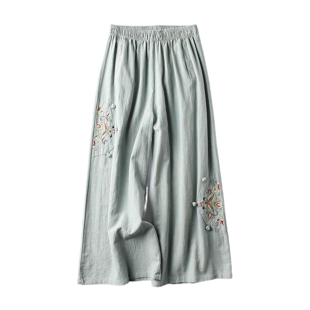 Women's Casual Loose Fit Cotton Linen Blend Lightweight Vintage Ethnic Embroidered Wide Leg Pants Versatile And Flattering 9/10 Length Cropped Pants