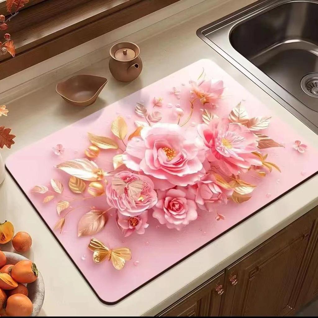 3D Peony Flower Diatom Mud Draining and Heat Insulation Mat for Kitchen Countertops