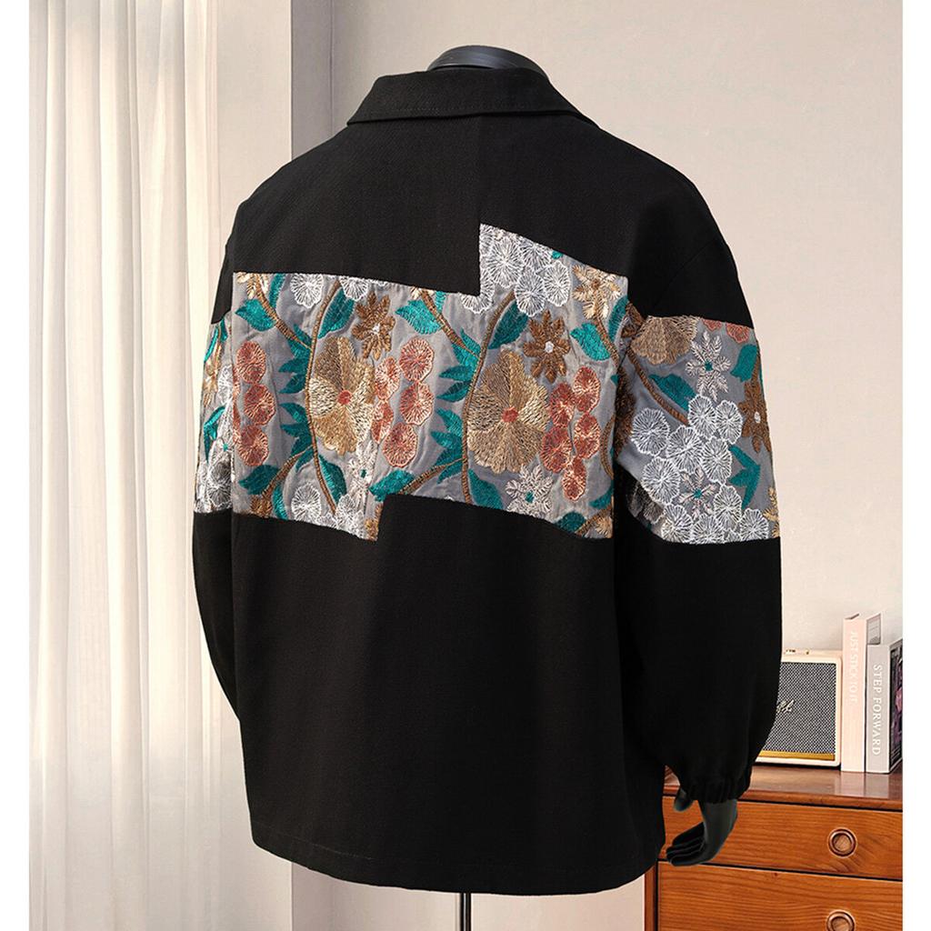 Men Apricot Patchwork Jacket Men Casual Turn Down Collar Outerwear Male Hip Hop Loose Coat Men Vintage Floral Embroidery Jacket
