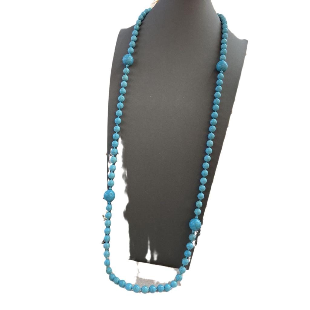 Turquoise Long Sweater Chain, Retro Knotted Bead Chain, Multi-Circle Necklace Jewelry.