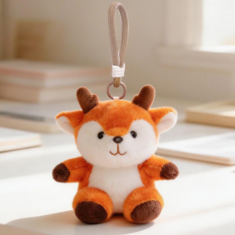 Three Plush Keychain Animals Fox Pig Deer Orange Pink Brown Color Soft Faux Fur Scented Pendant Cuddly Lanyard Collection