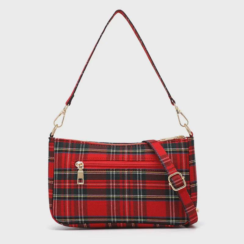 „2025 Damen-Umhängetasche aus kariertem Baguette-Canvas – koreanischer Retro-Literaturstil“