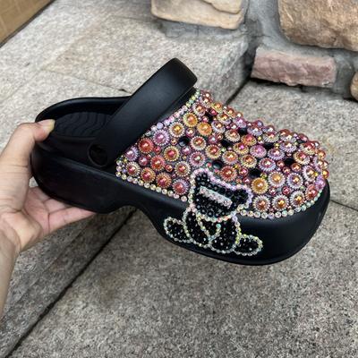 Fashion Summer Bear Decoration Thick Bottom Handmade Inlaid Pearl Sandals  New Pink and Blue Sweet Girl Beach Hollow  Out Slippers 40-41