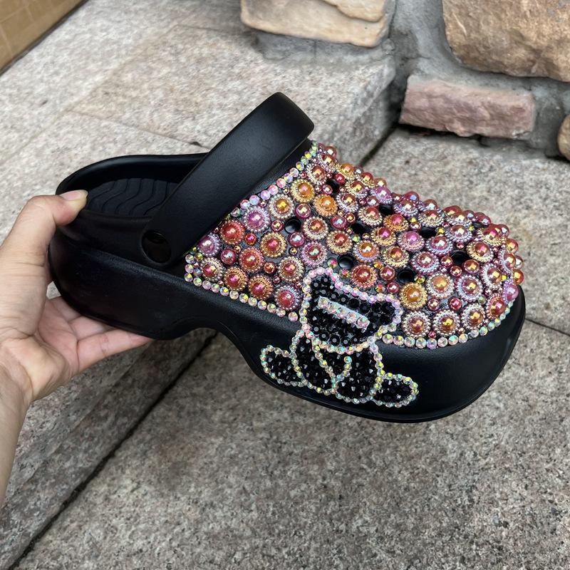 Fashion Summer Bear Decoration Thick Bottom Handmade Inlaid Pearl Sandals  New Pink and Blue Sweet Girl Beach Hollow  Out Slippers 40-41
