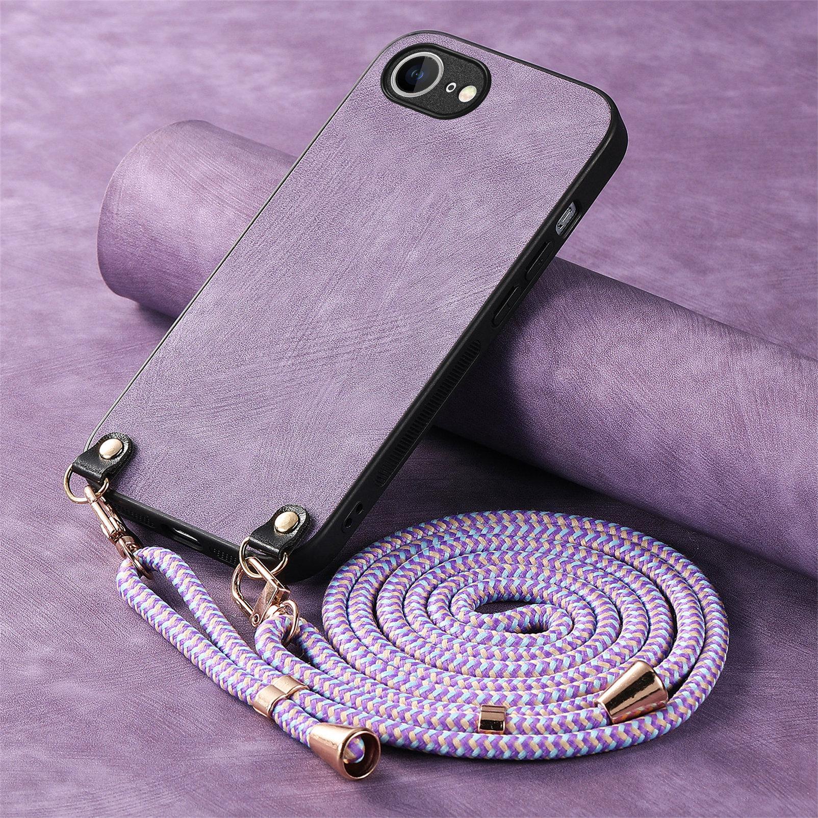 

Crossbody Long Lanyard Strap Anti-Drop PU Leather Phone Case for iPhone 16 Pro Max 15 14 13 12 Plus 16E SE 2022 Slim Fit Cover For iPhone SE (2022) фіолетовий