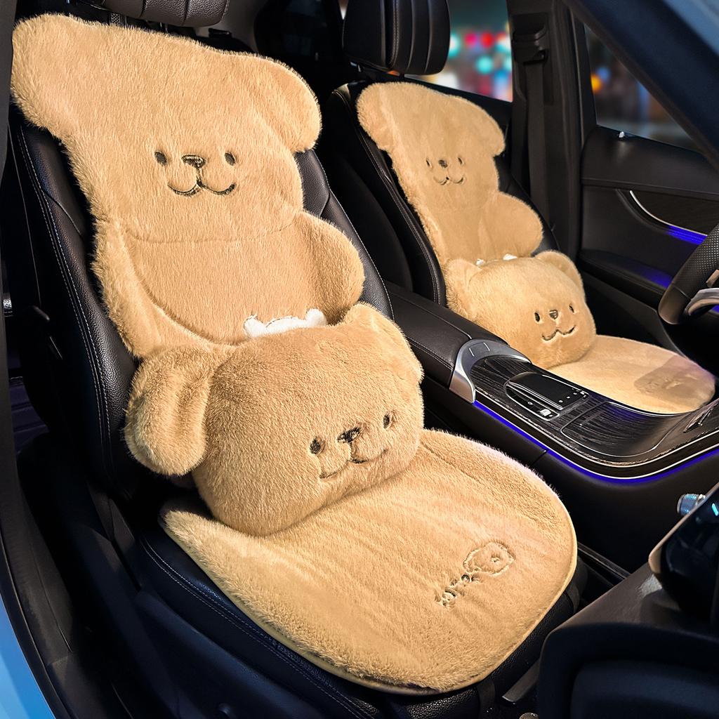 New Thick Car Plush Seat Cushion with Winter Warmth Cartoon Bear Car Seat Cover Half Pack Seat Cushion Waist Cushion Headrest