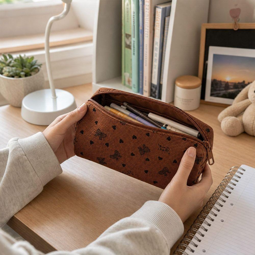 Bow & Heart Print Pencil Case Large Capacity Stationery Bag Simple Pen Bag  Students