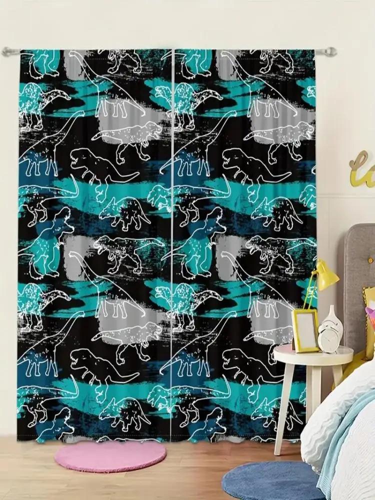 2 pieces - Geometric pattern Jurassic dinosaur printed curtains   window decorations   home decorations   room decorations