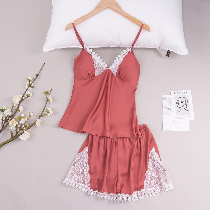 Summer satin pajamas women's silk sexy shorts casual women's lace loungewear set 1111 light luxury