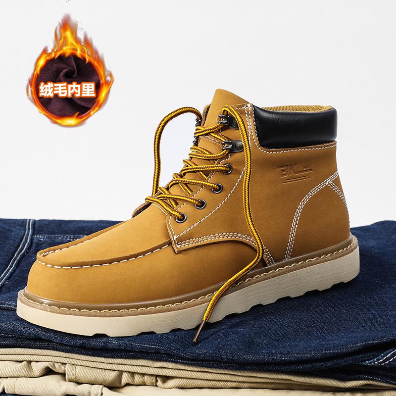 Big Yellow Boots Martin Boots Men's and Women's Couples Casual Leather Boots British Style Tooling Boots Medium and High Top Shoes Fleece Short Boot