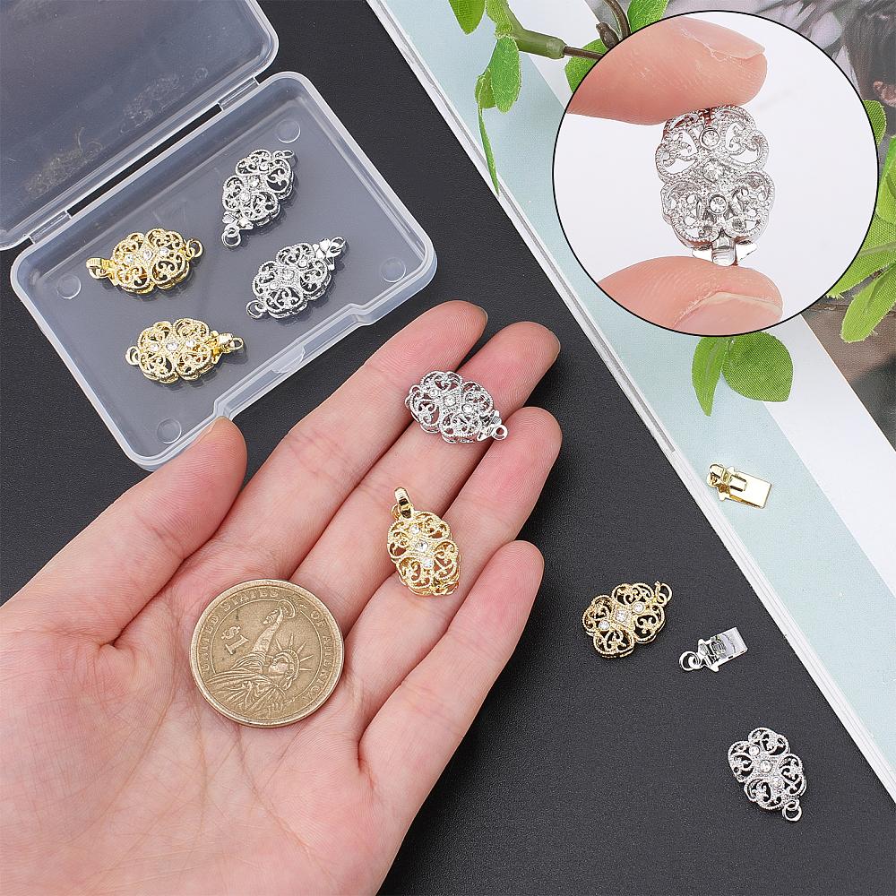 8Set 2 Colors Brass Rhinestone Box Clasps, Flower, Platinum & Golden, 20x11.5x6mm, Hole: 2mm, 4set/color