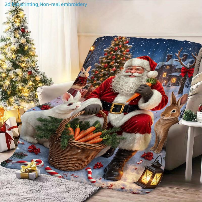 1pc Suitable for - Cozy Flannel Blanket with Santa Claus & Rabbit Print - Soft Warm, Contemporary Suitable for Living Room,, Office, Outdoor Use, Mult