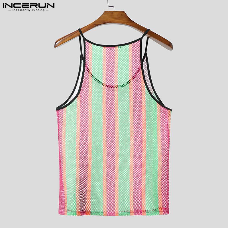 INCERUN Summer Men U Neck Sleeveless Striped Hollow Stitching Tank Tops