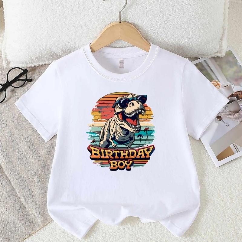 Boys Crew Neck Short Sleeve T-Shirt with Creative Dinosaur & BIRTHDAY BOY Print 110 белый