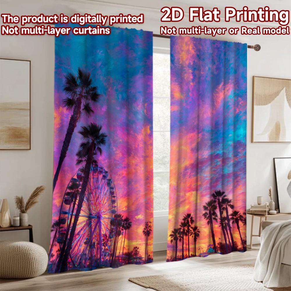 2D flat printing 2pcs Window Curtains Colorful Ferris Wheel Palm Trees Sunset Digital Printed Polyester Drapes Birthday Party