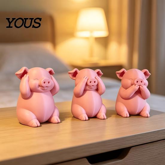 Cute Desktop Accessories for Workstation 3 Pcs Mini Pig Figurines, 3D Printed See Hear Speak No Evil Adorable Animal Figurine Home Decor Pink Statue,