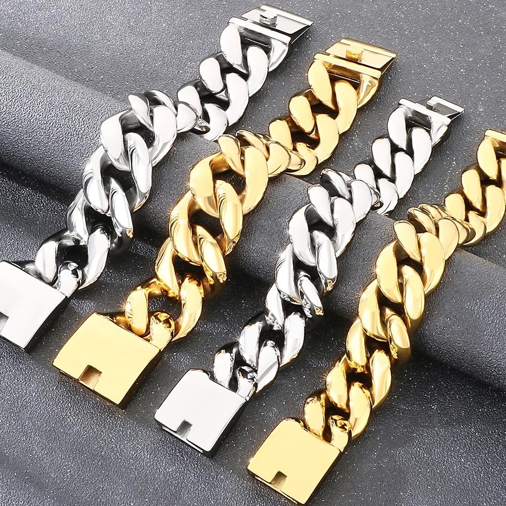 Bracelet Chaîne Cubaine Hip Hop Cool 25/30mm Homme Plaqué Vide Acier Inoxydable 316l Bracelets Homme Robuste Bijoux de Rue