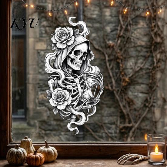 Adhesive Free Window Sticker Halloween Skeleton And Rose Static Clings, Removable Sketch Skull & Retro Pattern Glass Film Flower Sticker, Waterproof
