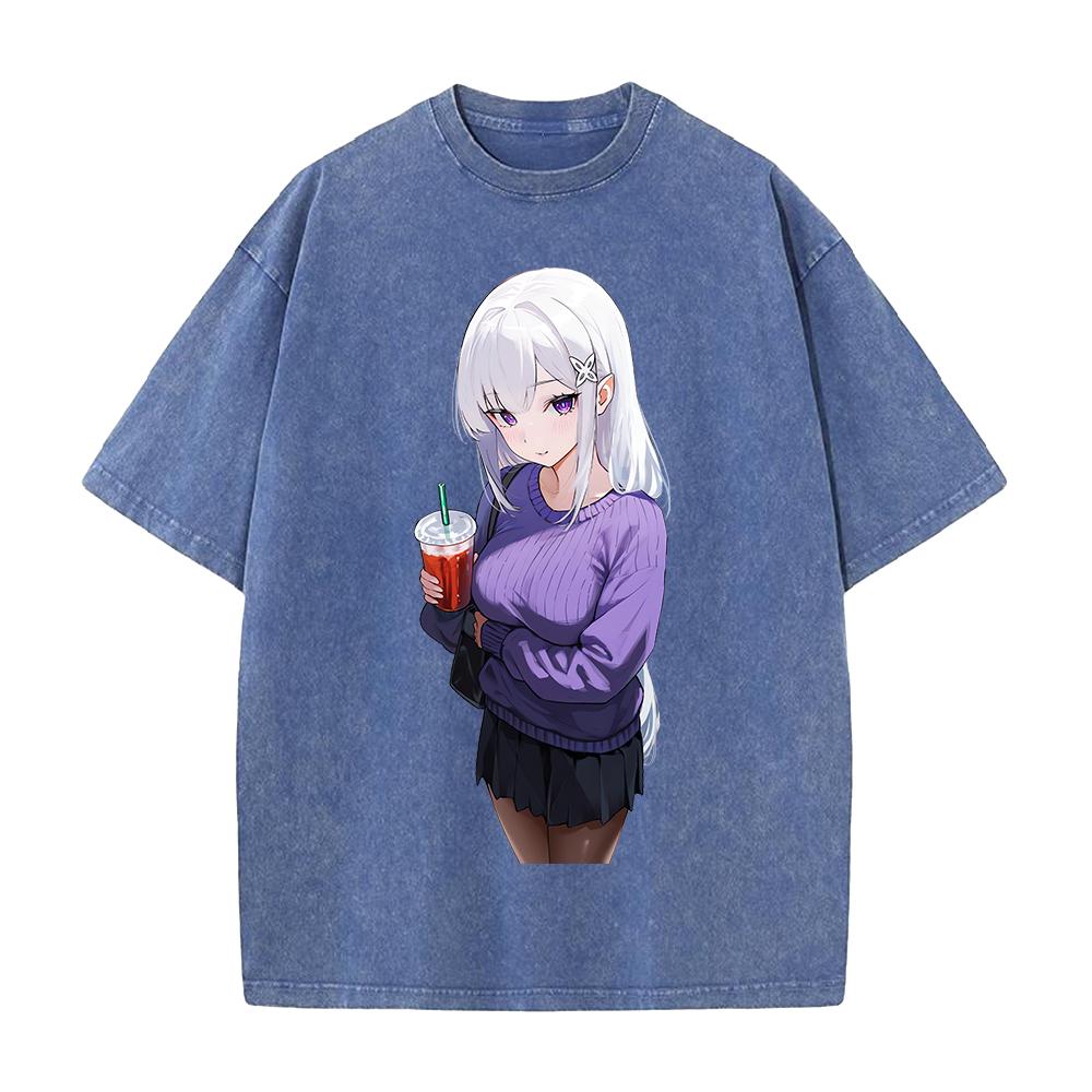 Anime Re ZERO Starting Life In Another World Emilia Clothing Men Women Tshirts Washed Cotton Tee Retro T-shirt Harajuku T Shirt